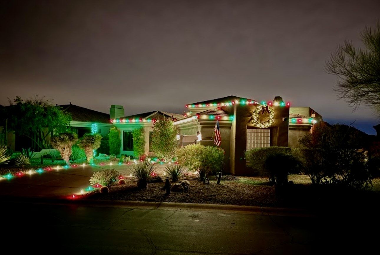 San Diego home — roofline and yard Christmas lights