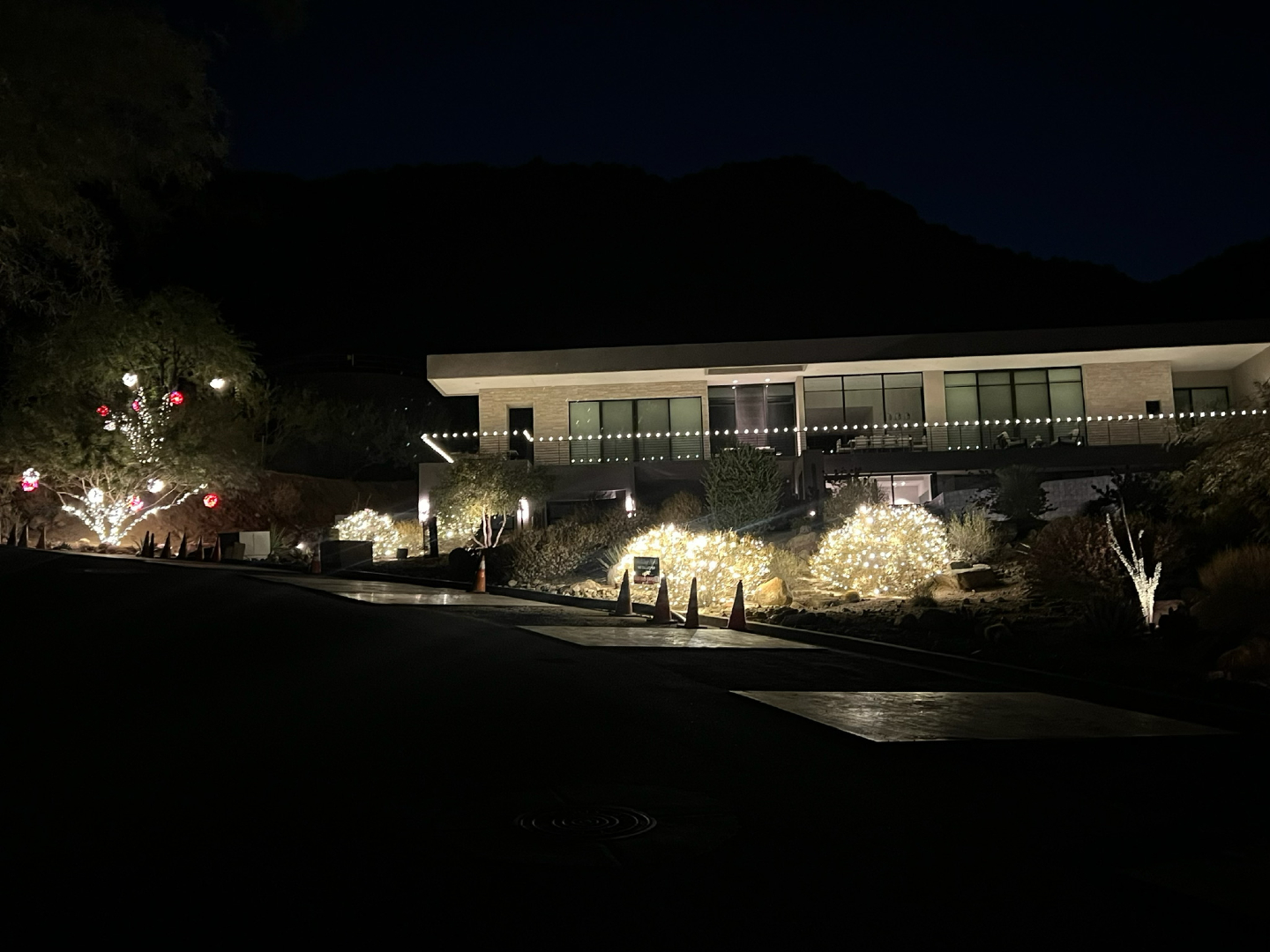 Hillside San Diego home — warm white Christmas lights