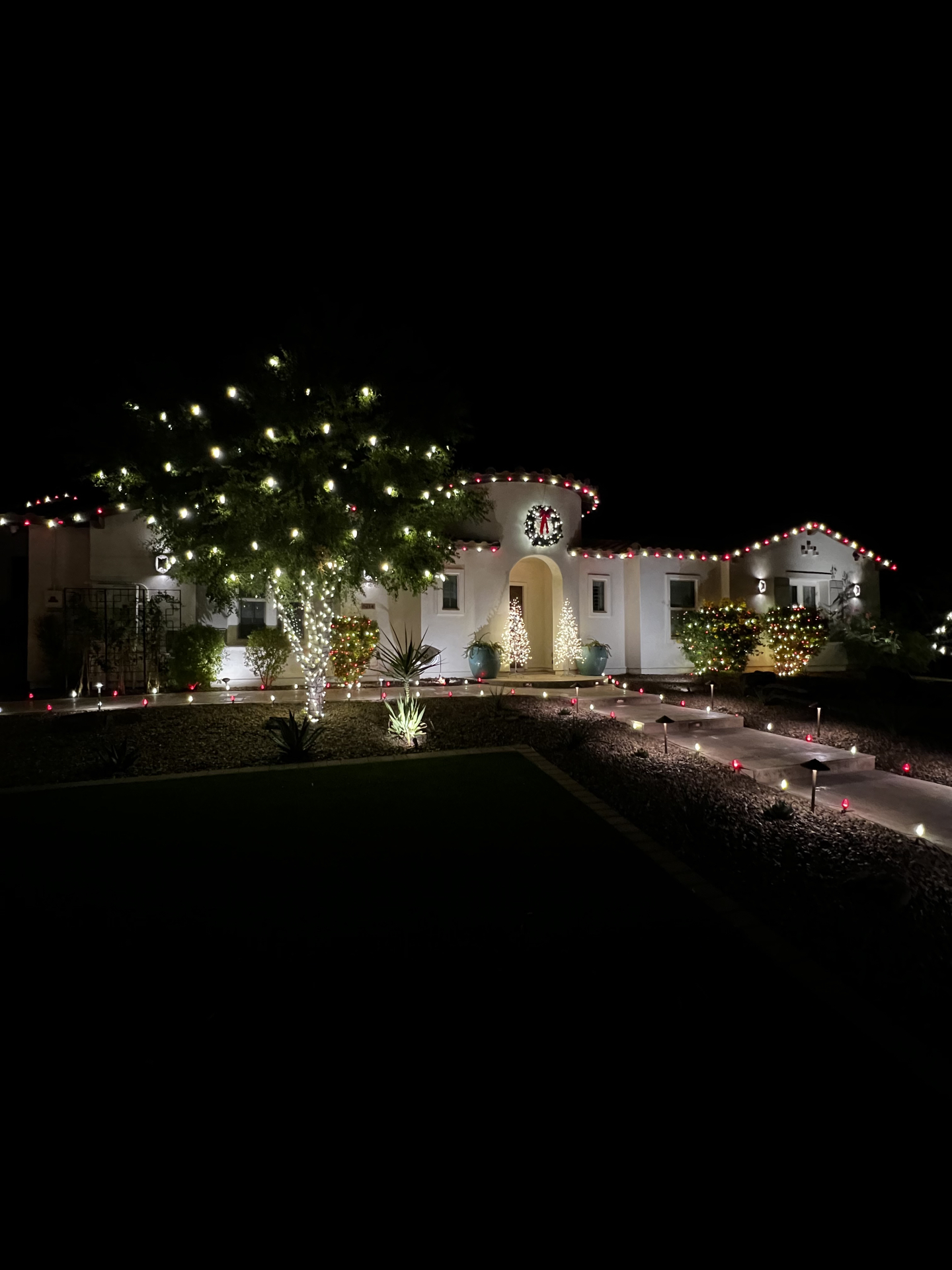 Spanish colonial San Diego estate — full Christmas light display